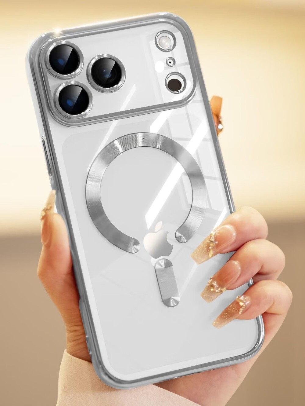 iPhone 17 Pro Max Clear Protective Case with Silver Magnetic Ring Grip